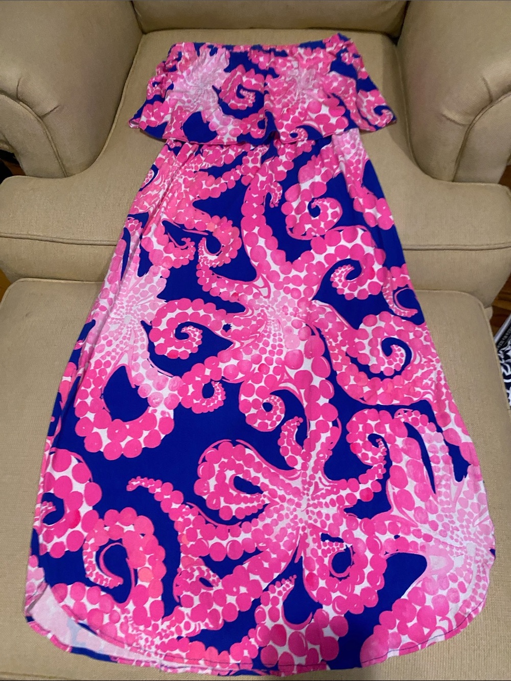 Lilly Pulitzer Pink & Blue Strapless Octopus Print Dress